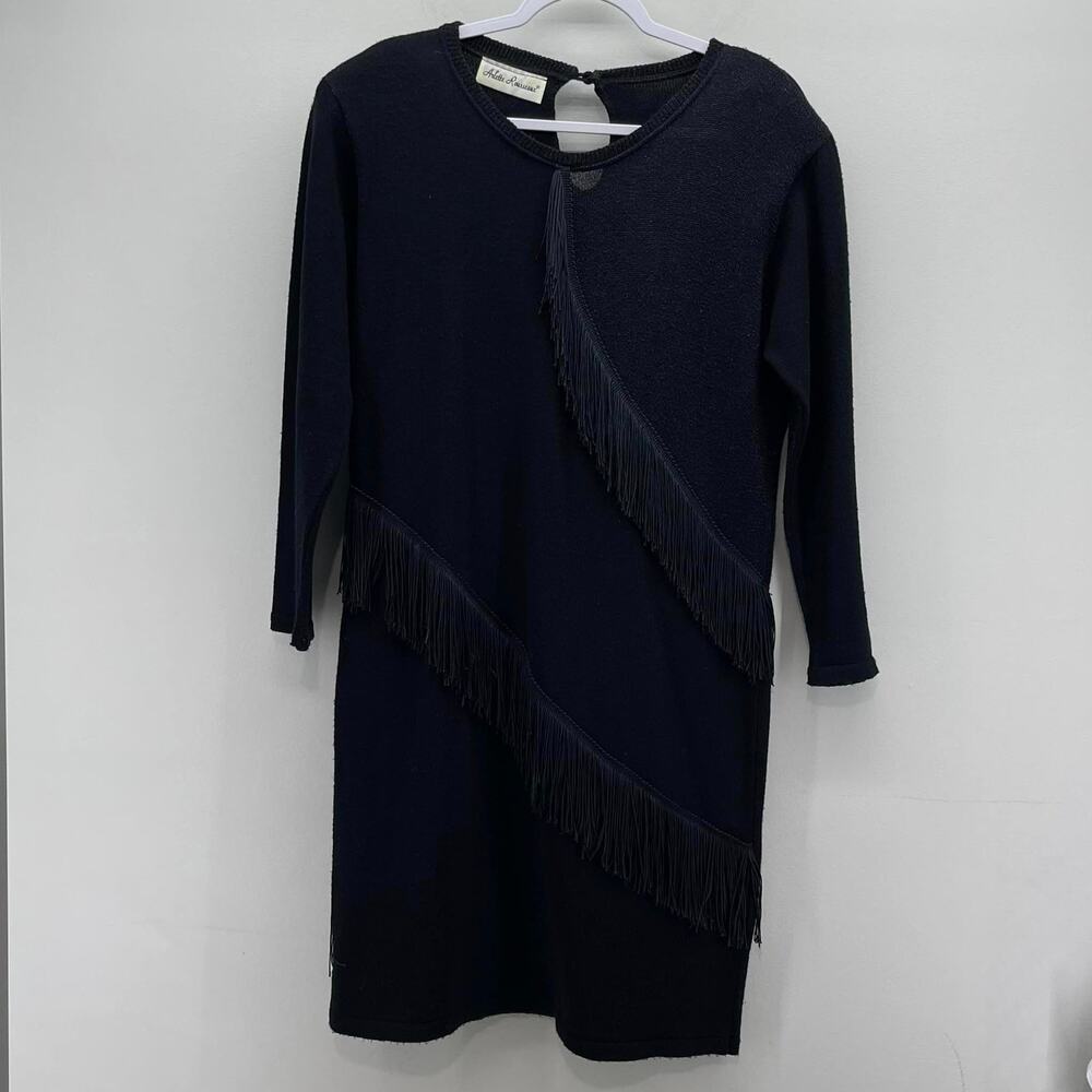 Vintage Arlette Rousseaux Sweater Dress Wms Large Black Shimmer Fringe LS Winter